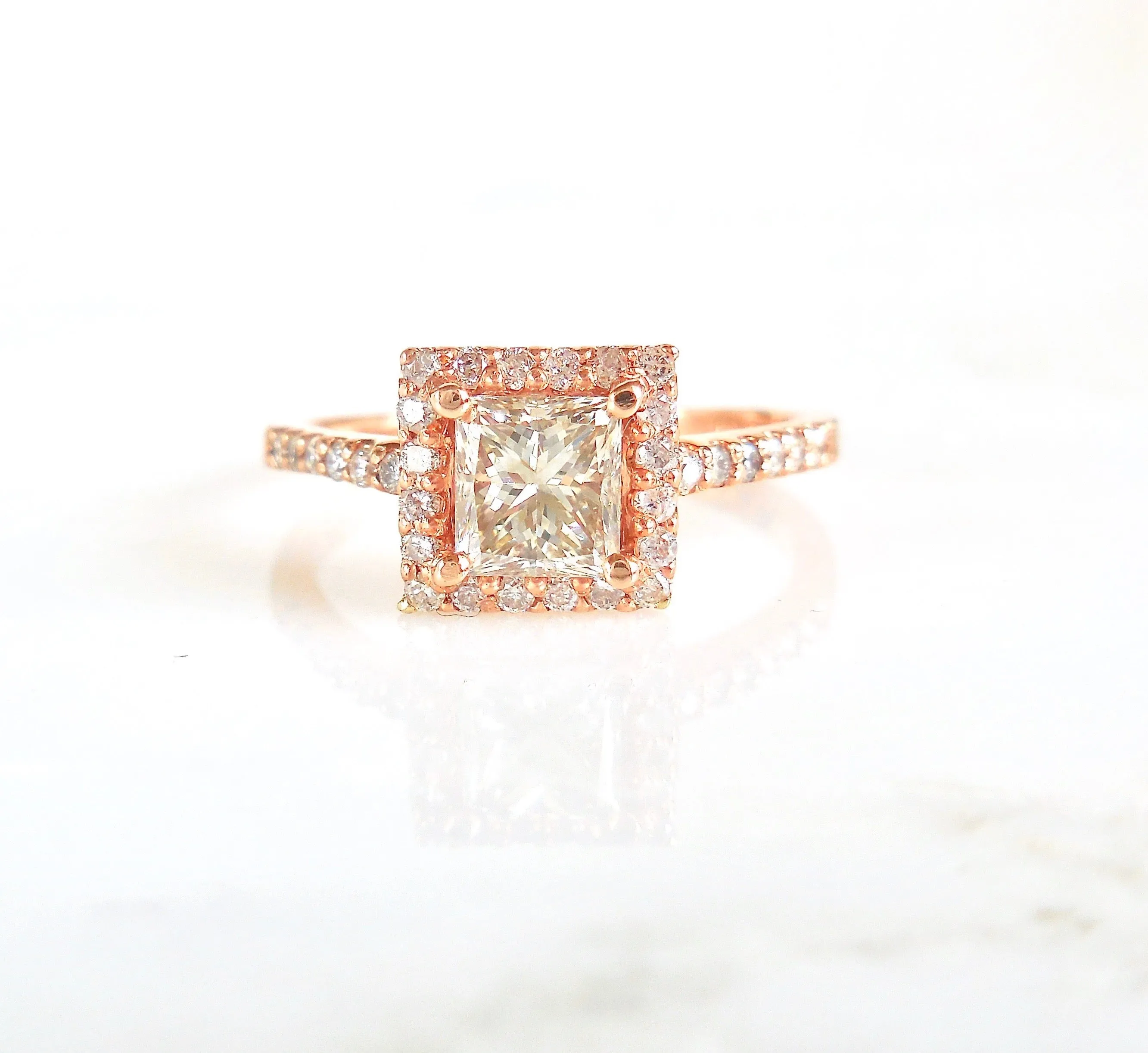 Princess Cut Diamond Halo Ring - Princess Diamond Rose Gold Ring - Rose Gold Womens Diamond Ring