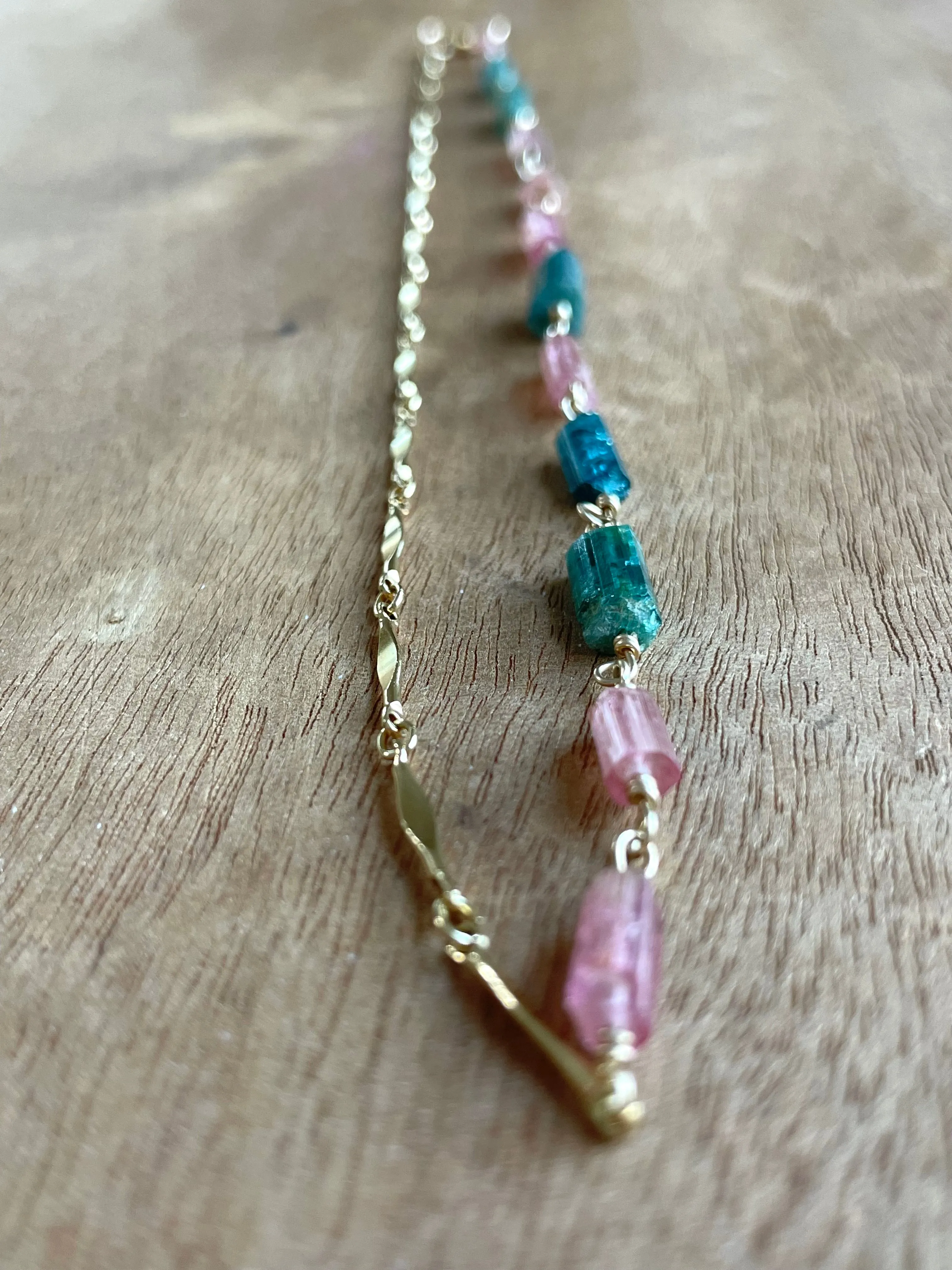 Raw Watermelon Tourmaline Necklace Gold Half and Half Necklace