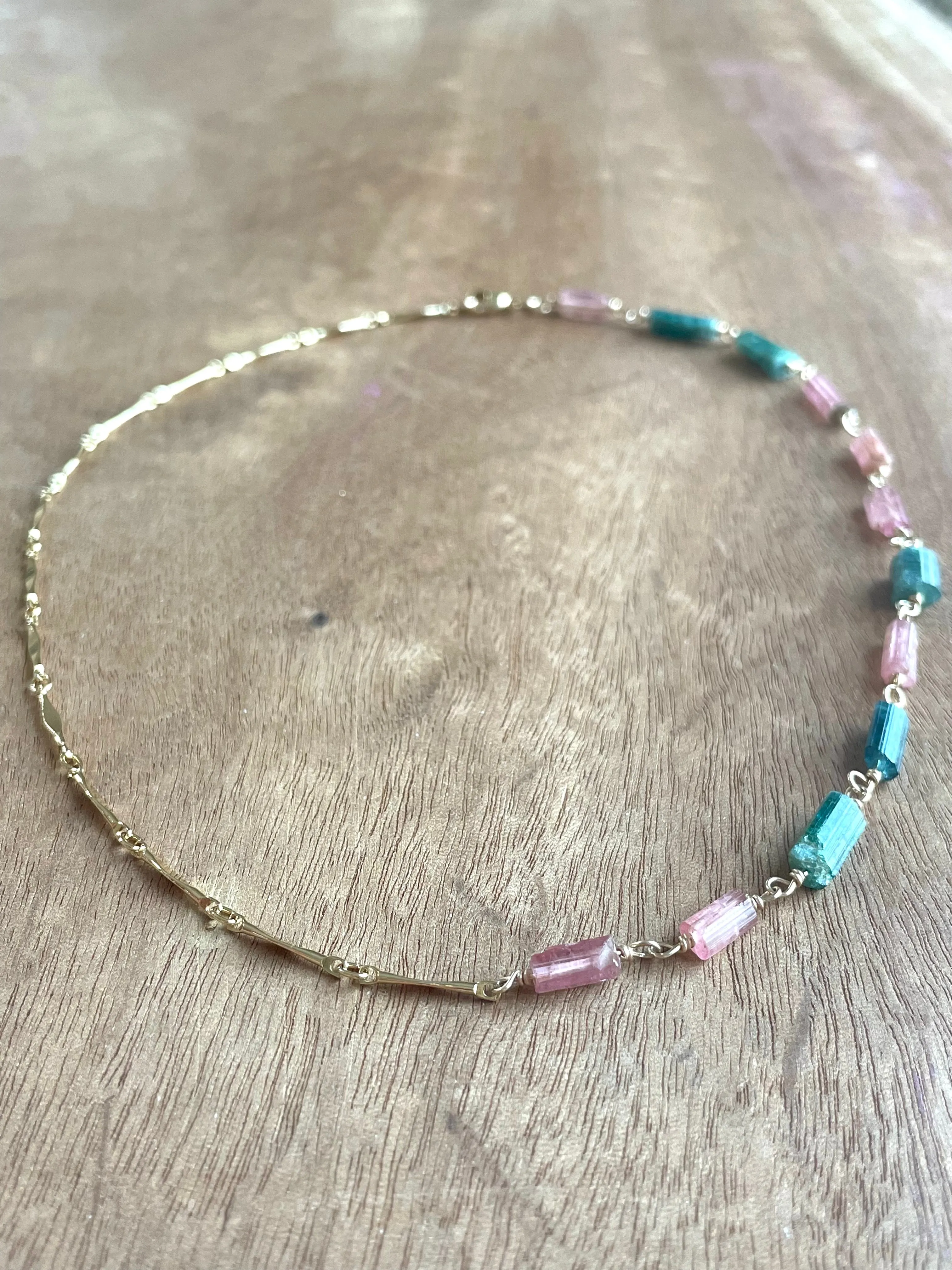 Raw Watermelon Tourmaline Necklace Gold Half and Half Necklace