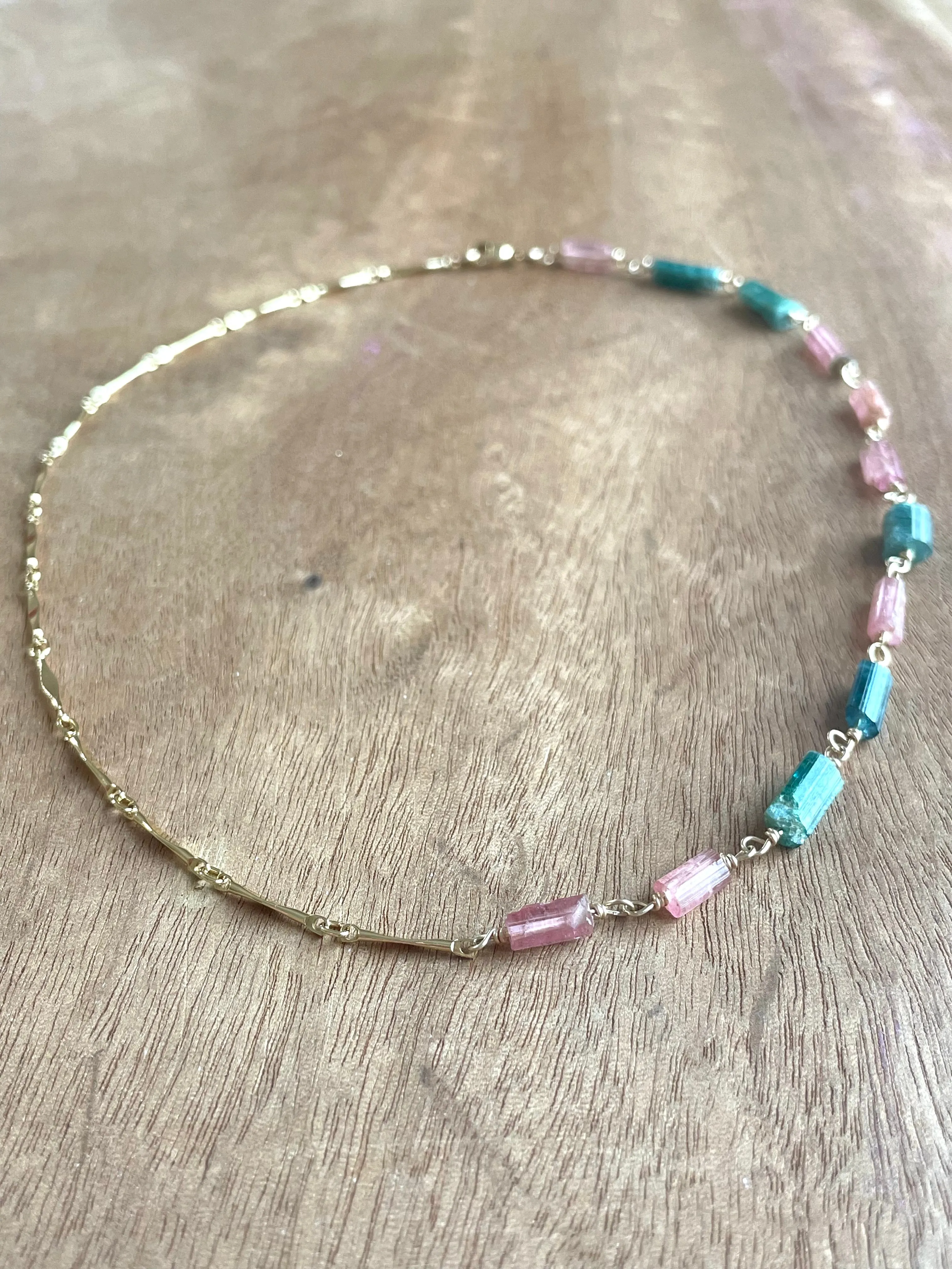 Raw Watermelon Tourmaline Necklace Gold Half and Half Necklace