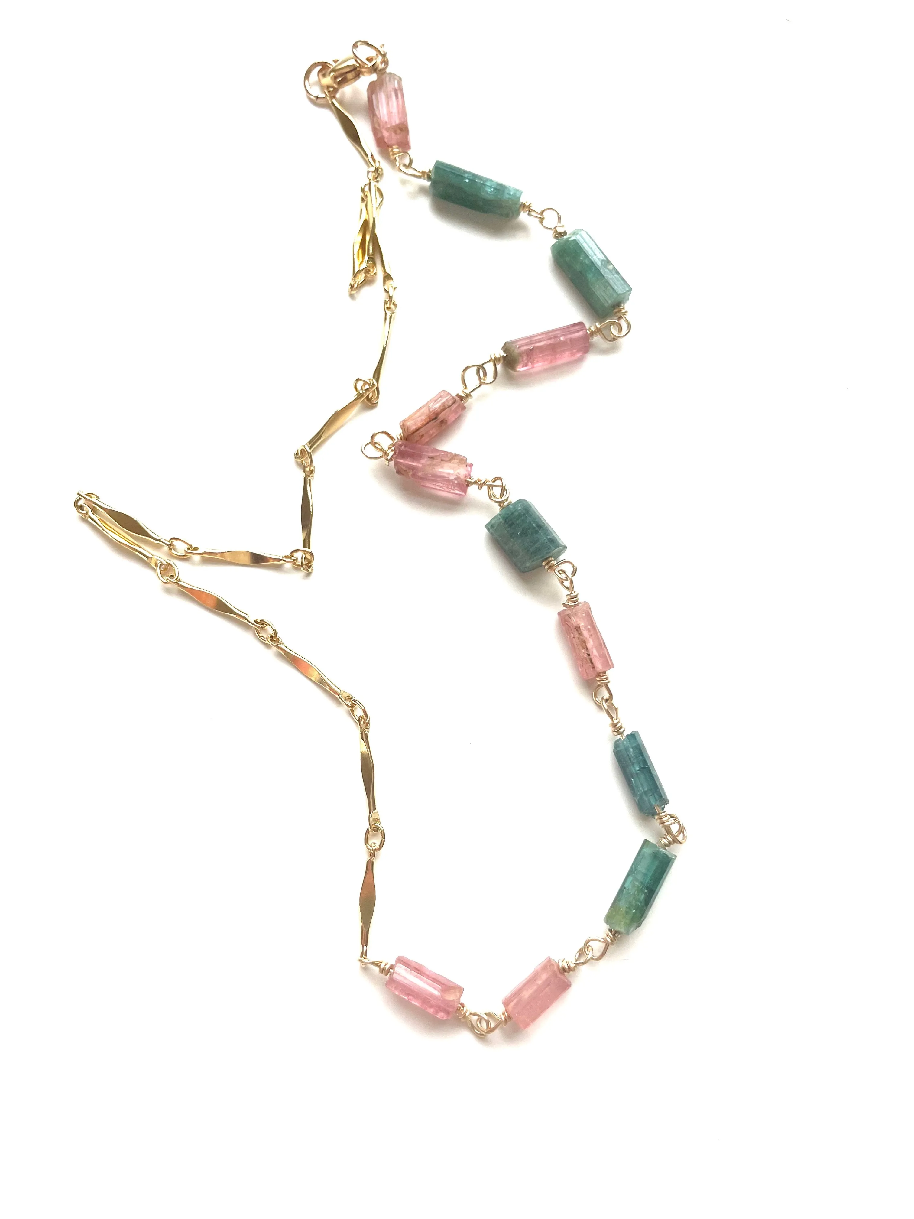 Raw Watermelon Tourmaline Necklace Gold Half and Half Necklace