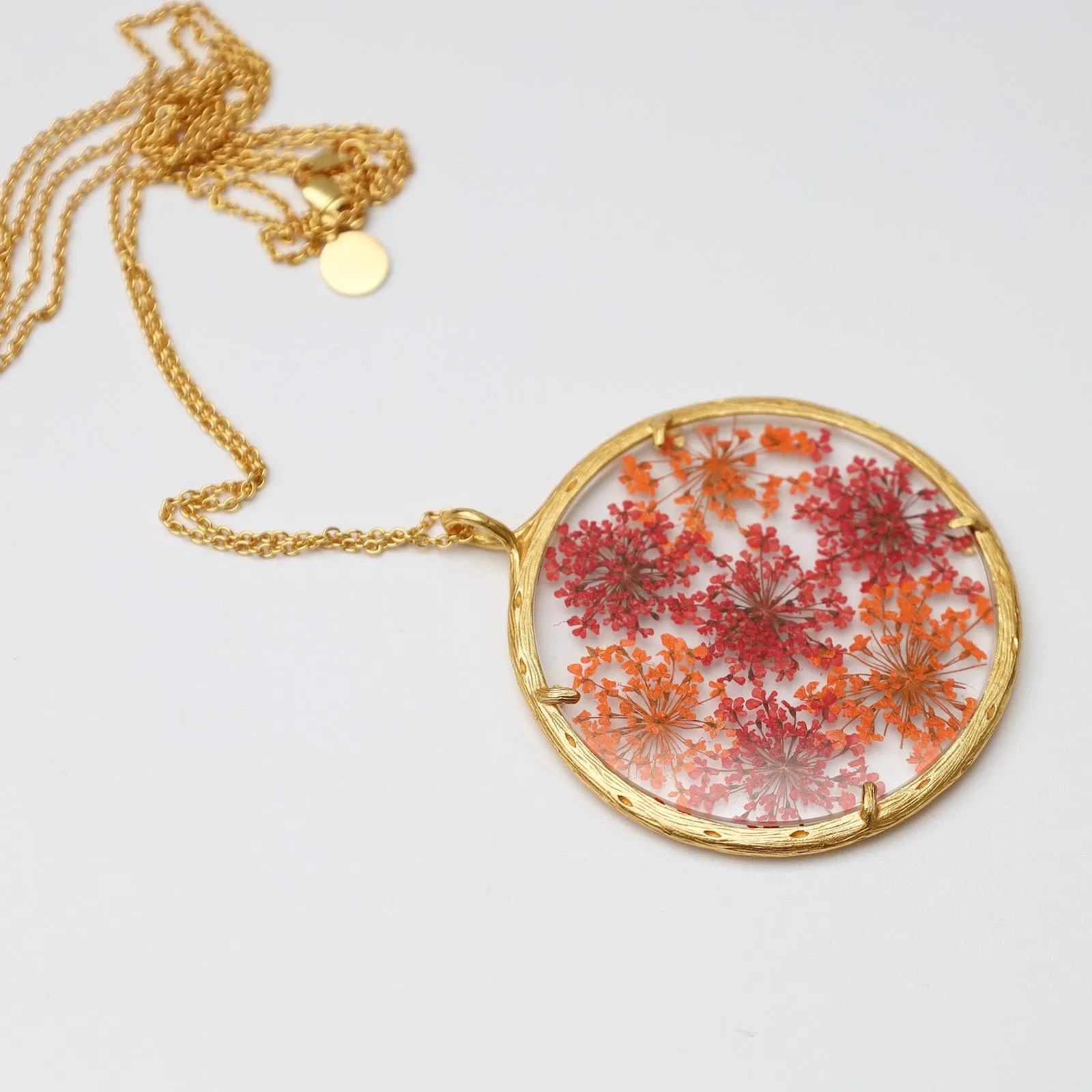 Red & Orange Queen Anne's Lace Extra Large Botanical Necklace - 18k Gold Vermeil