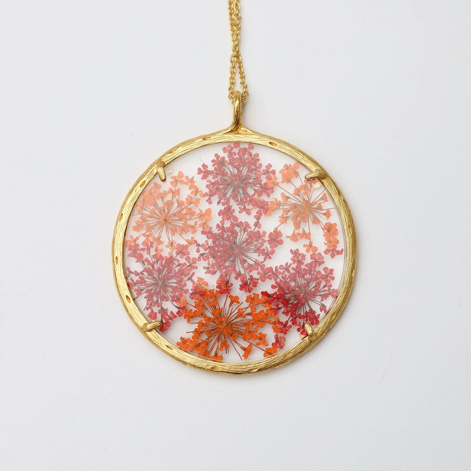 Red & Orange Queen Anne's Lace Extra Large Botanical Necklace - 18k Gold Vermeil