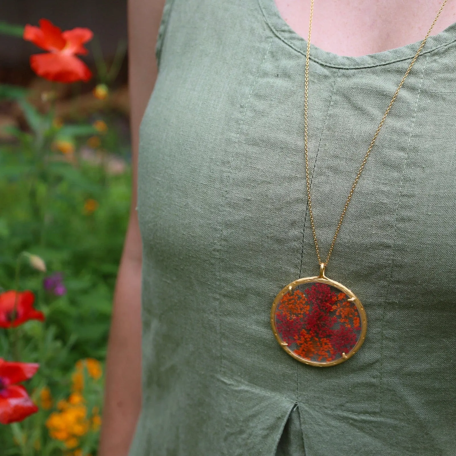 Red & Orange Queen Anne's Lace Extra Large Botanical Necklace - 18k Gold Vermeil