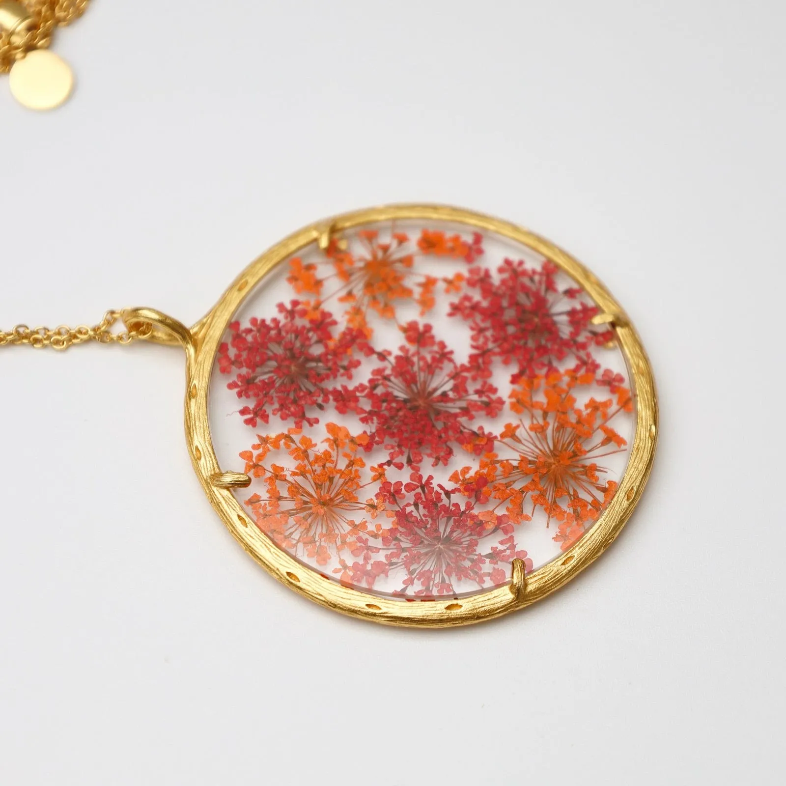 Red & Orange Queen Anne's Lace Extra Large Botanical Necklace - 18k Gold Vermeil