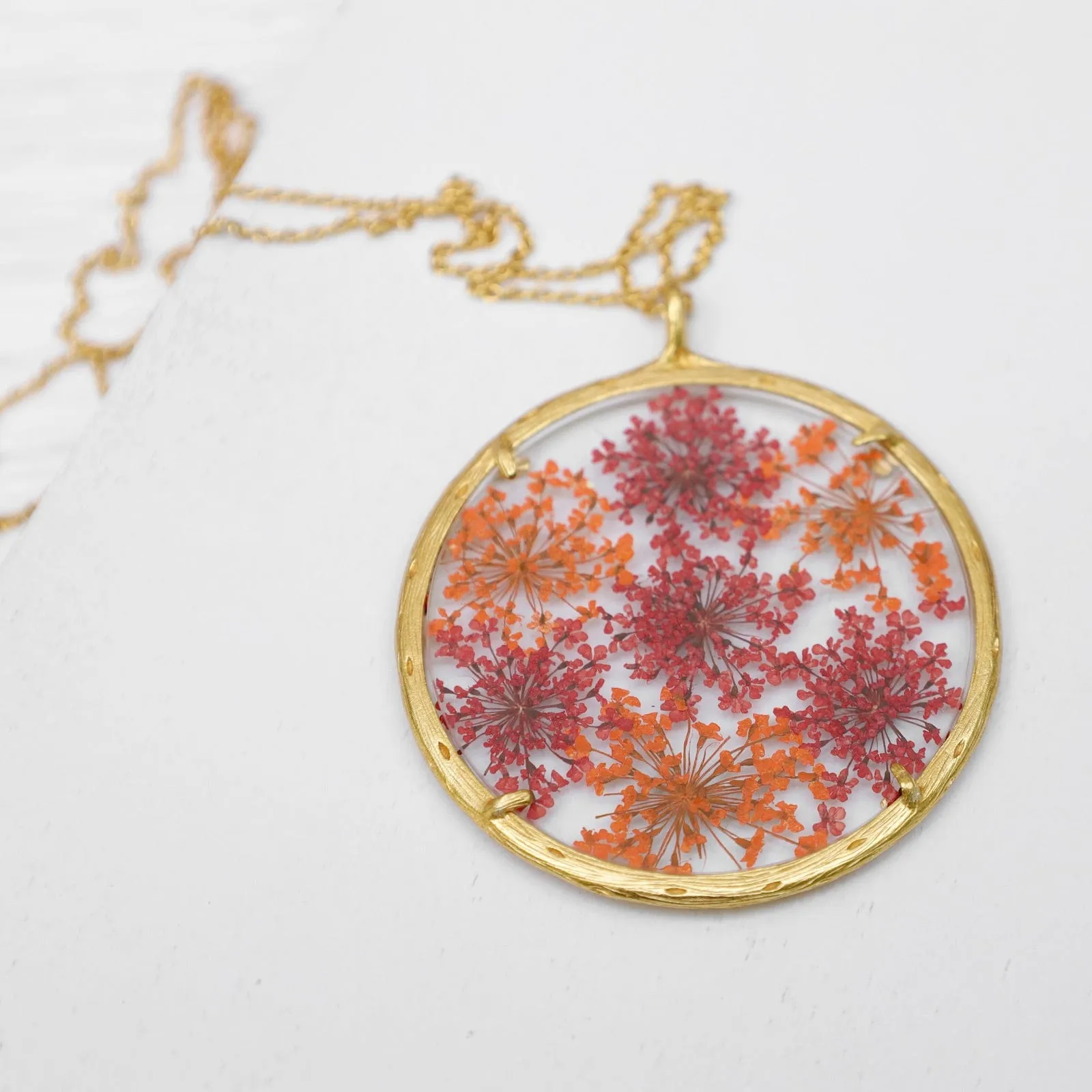 Red & Orange Queen Anne's Lace Extra Large Botanical Necklace - 18k Gold Vermeil