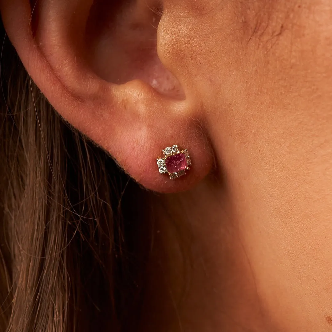 Red Emerald and Diamond Stud Earrings