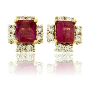 Red Emerald and Diamond Stud Earrings