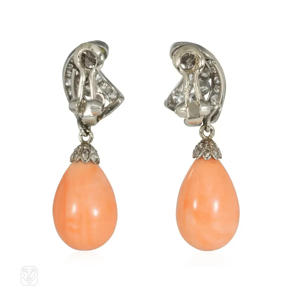 Retro angel skin coral and diamond earrings