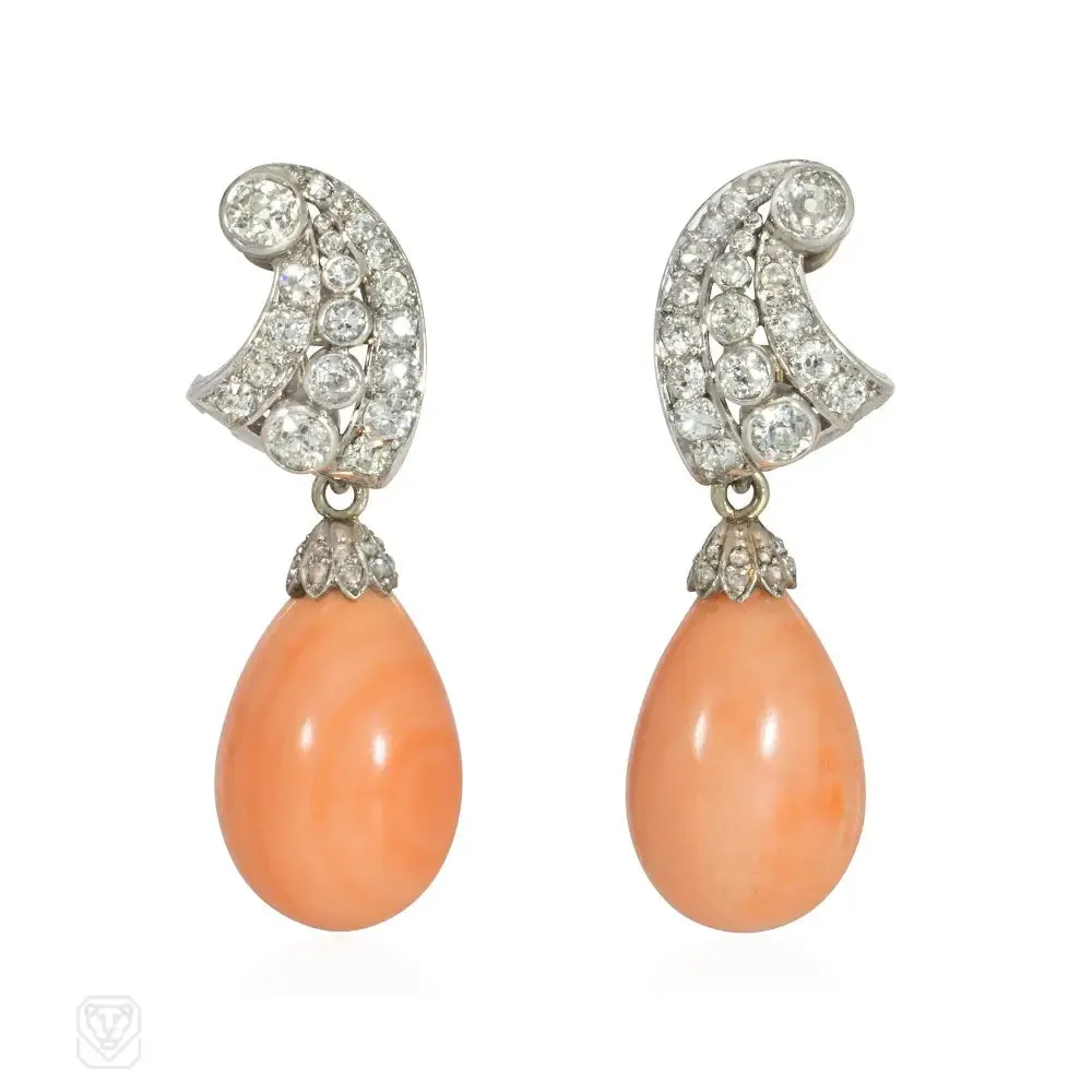 Retro angel skin coral and diamond earrings