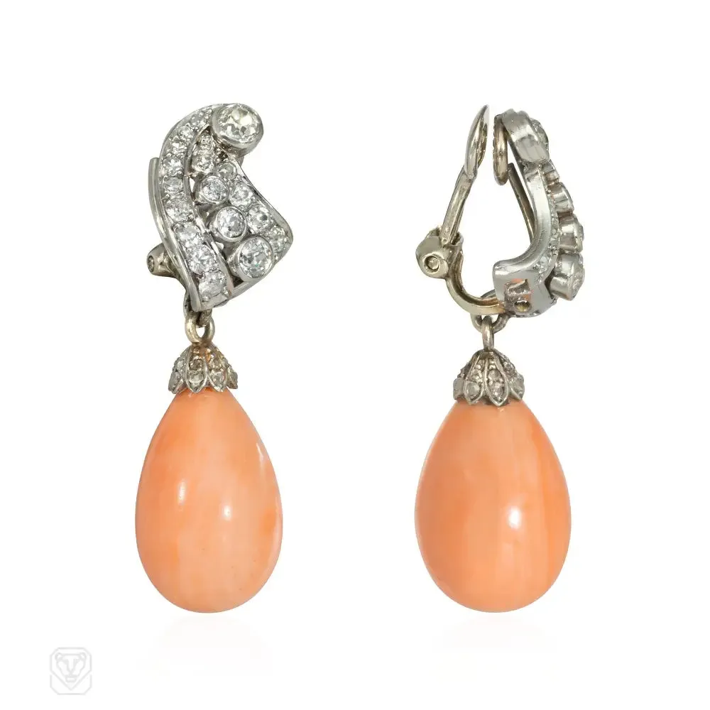 Retro angel skin coral and diamond earrings