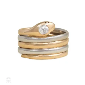 Retro gold, platinum, and diamond snake ring