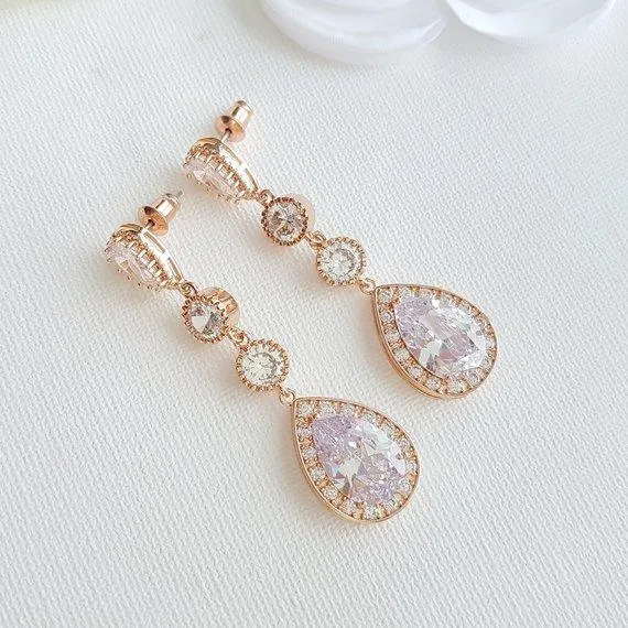 Rose Gold Long Drop Wedding Earrings-Evana