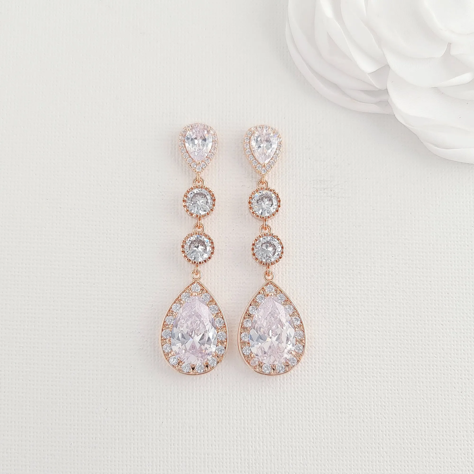 Rose Gold Long Drop Wedding Earrings-Evana