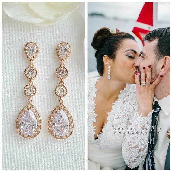 Rose Gold Long Drop Wedding Earrings-Evana