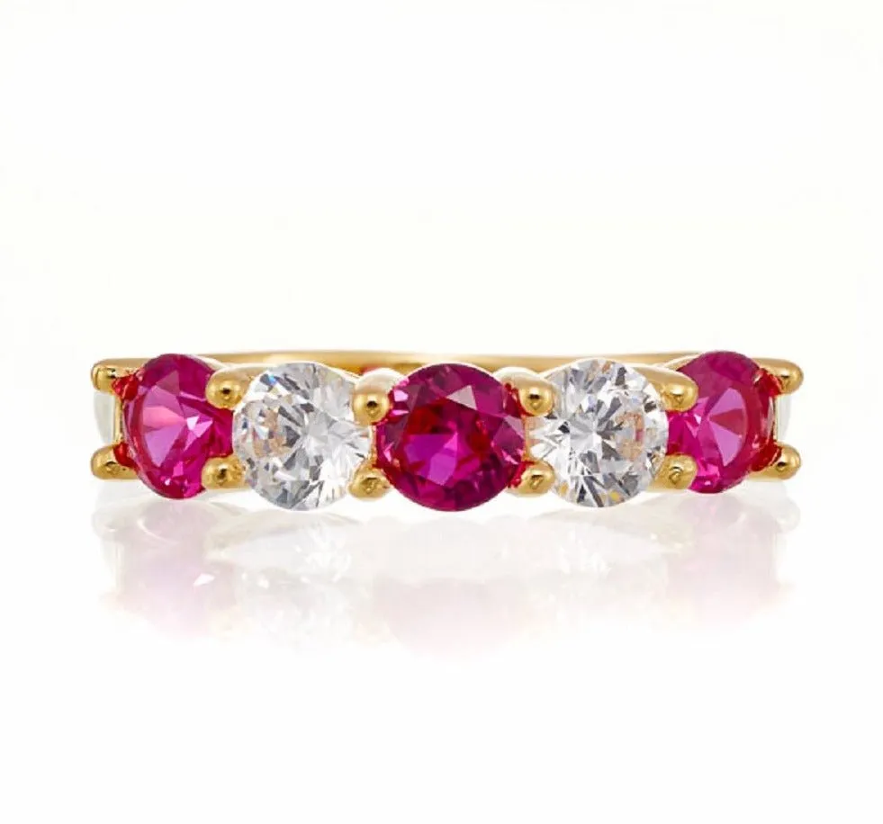 Round and Ruby Red Cubic Zirconia 5 Stone Anniversary Band - Yellow Gold Plated Sterling Silver