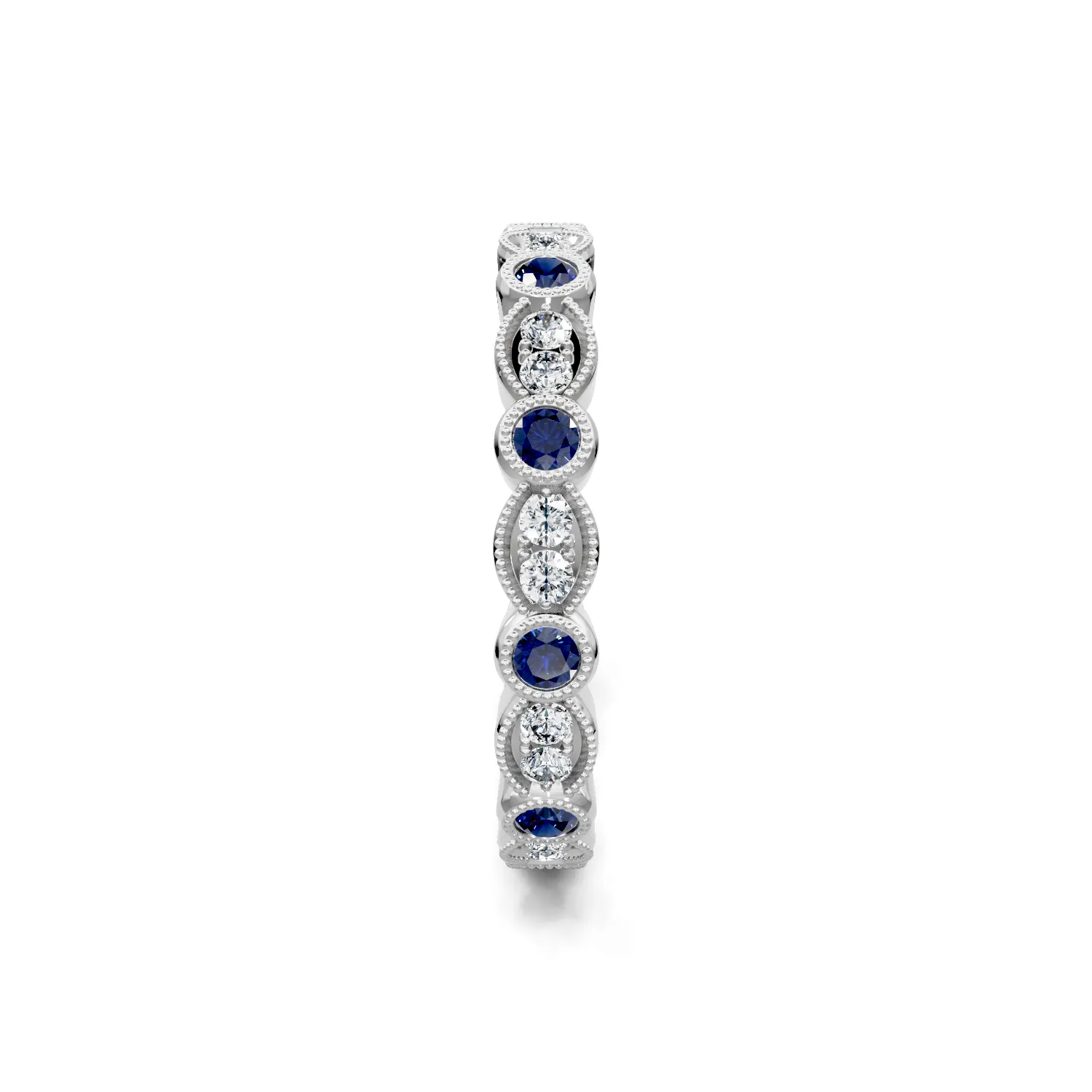 Round Diamond and Blue Sapphire Milgrain Eternity Band