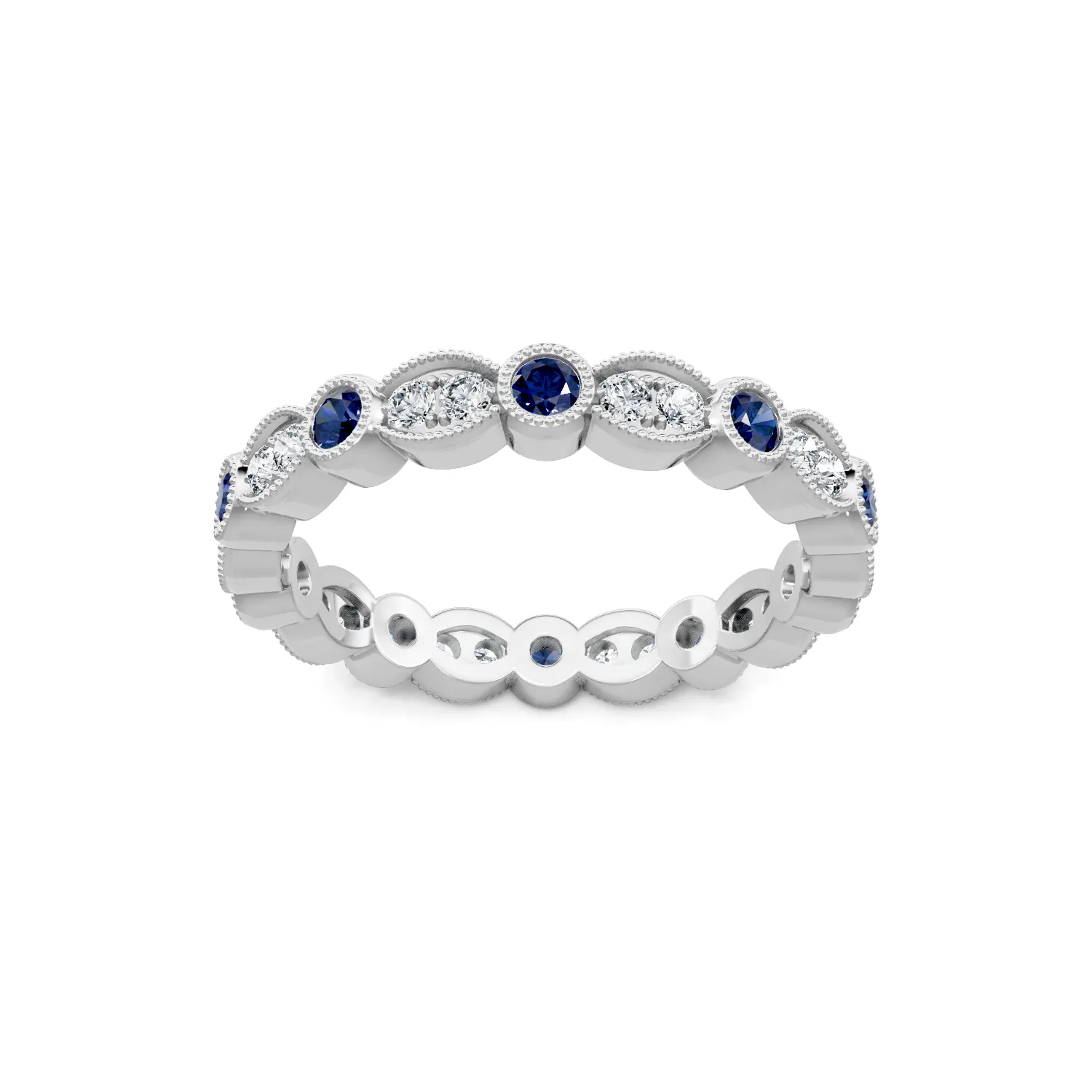 Round Diamond and Blue Sapphire Milgrain Eternity Band