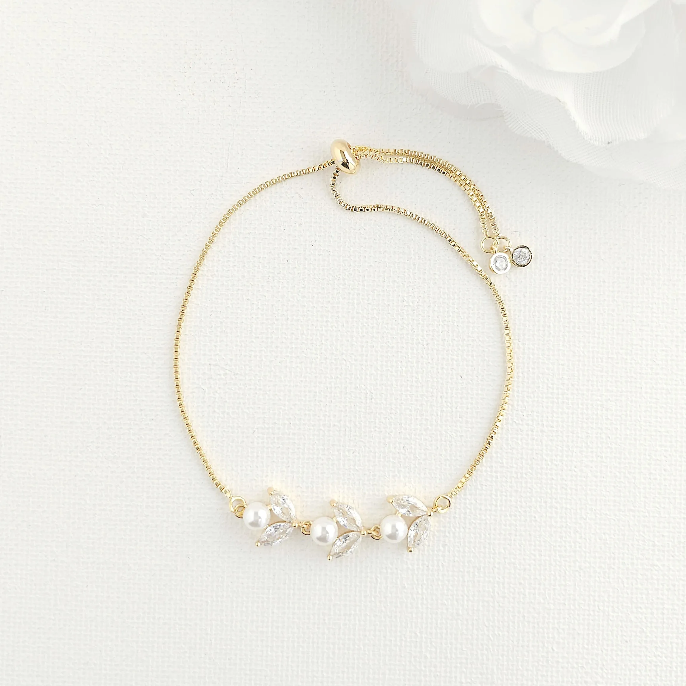 Silver CZ Leaf and Pearl Bracelet-Leila