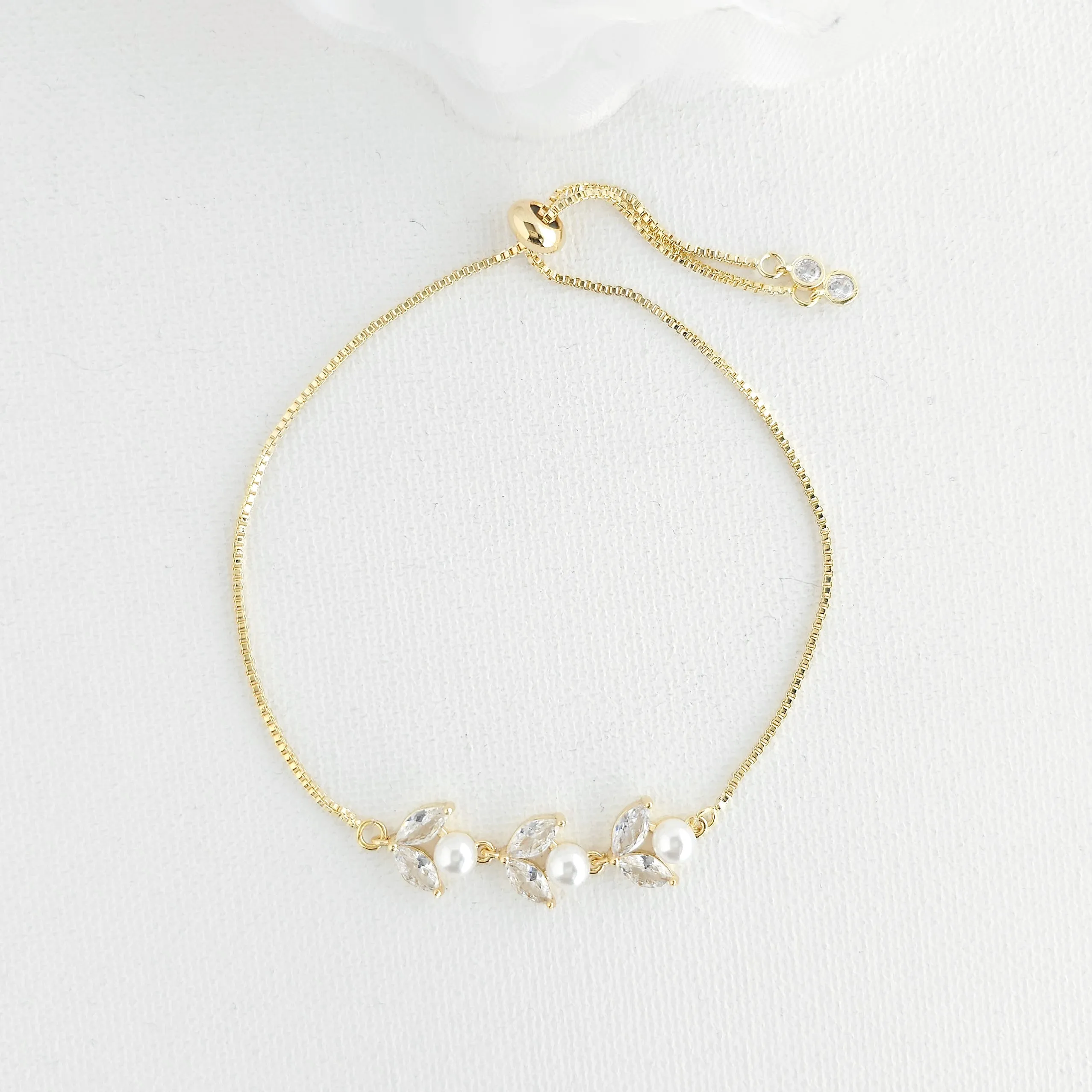 Silver CZ Leaf and Pearl Bracelet-Leila