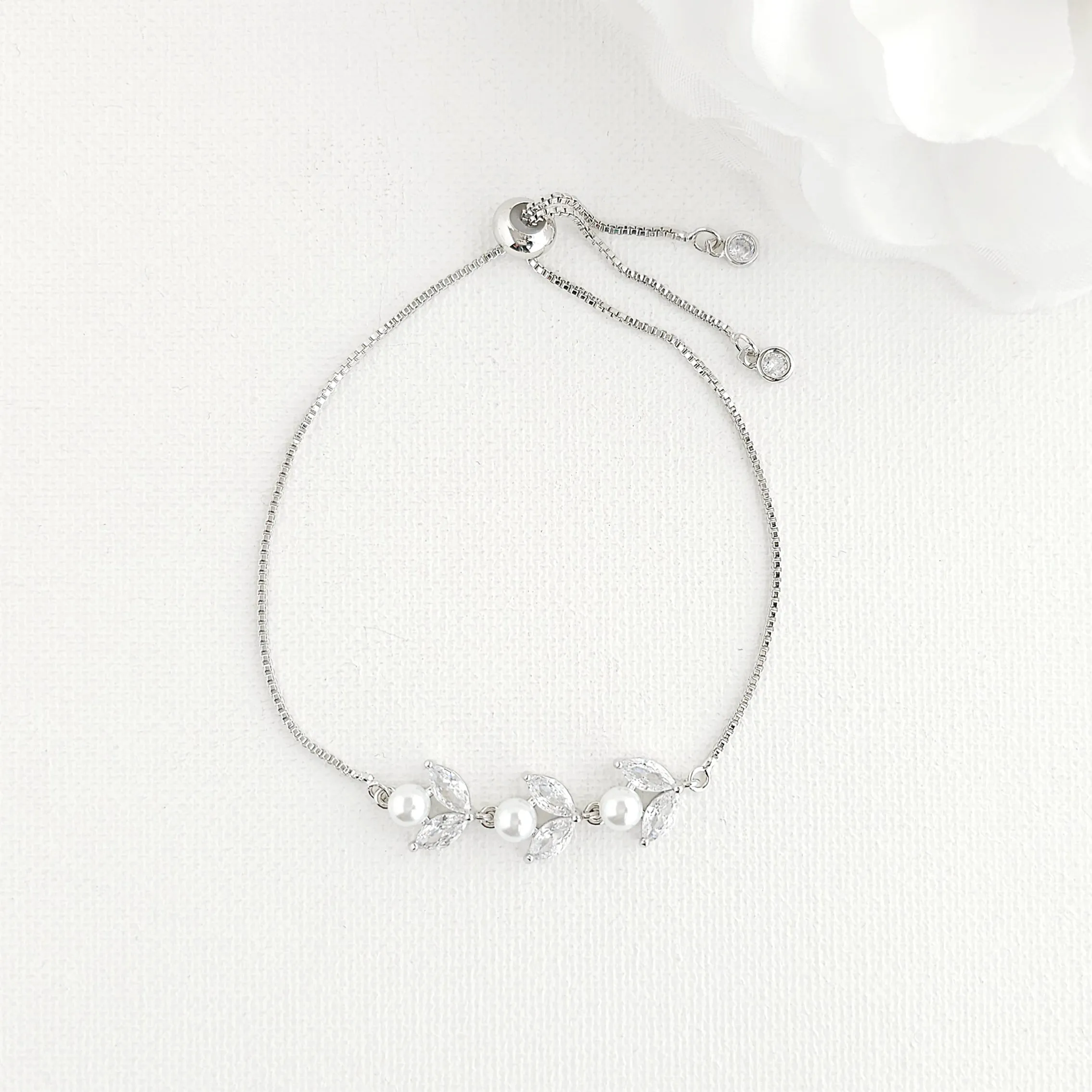 Silver CZ Leaf and Pearl Bracelet-Leila