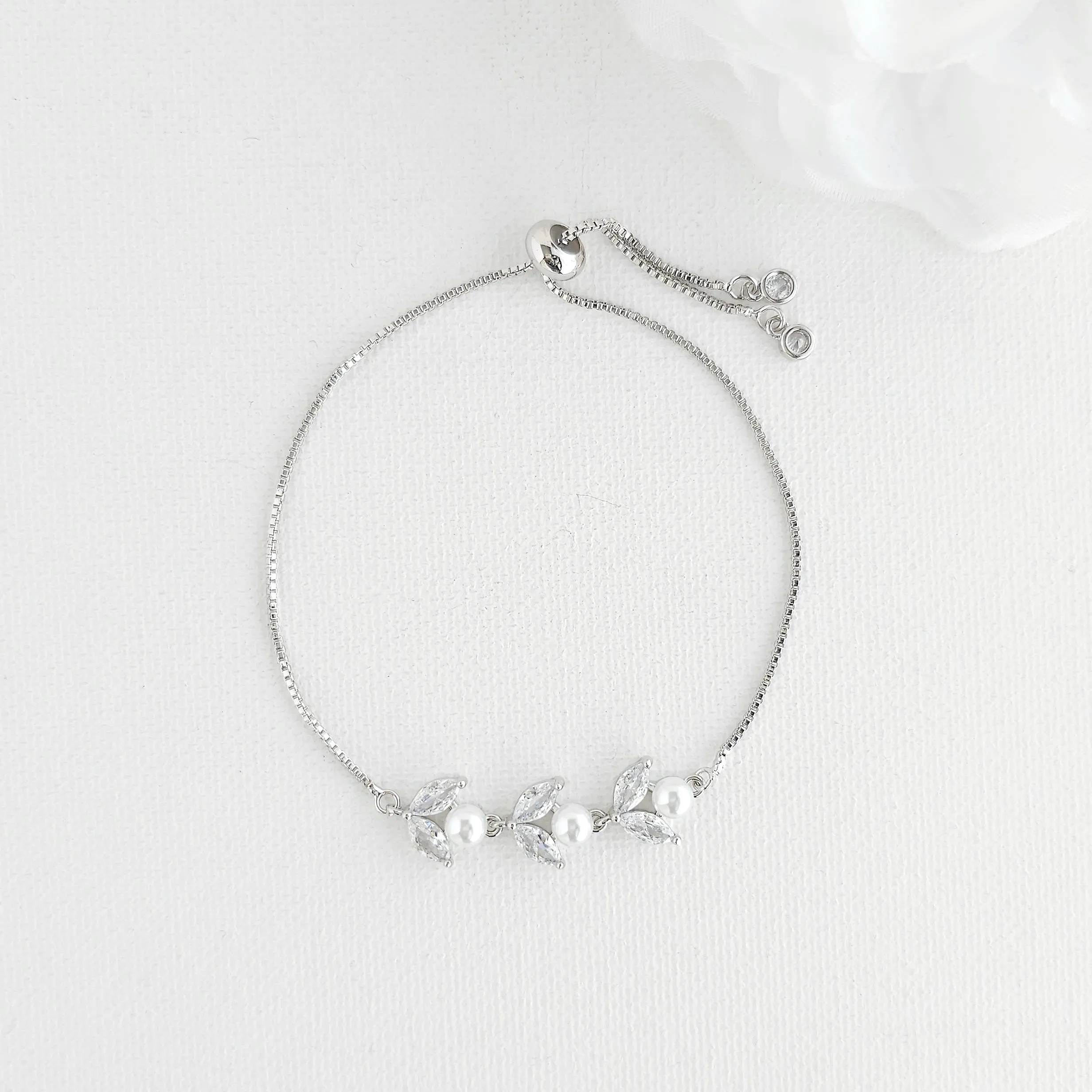 Silver CZ Leaf and Pearl Bracelet-Leila