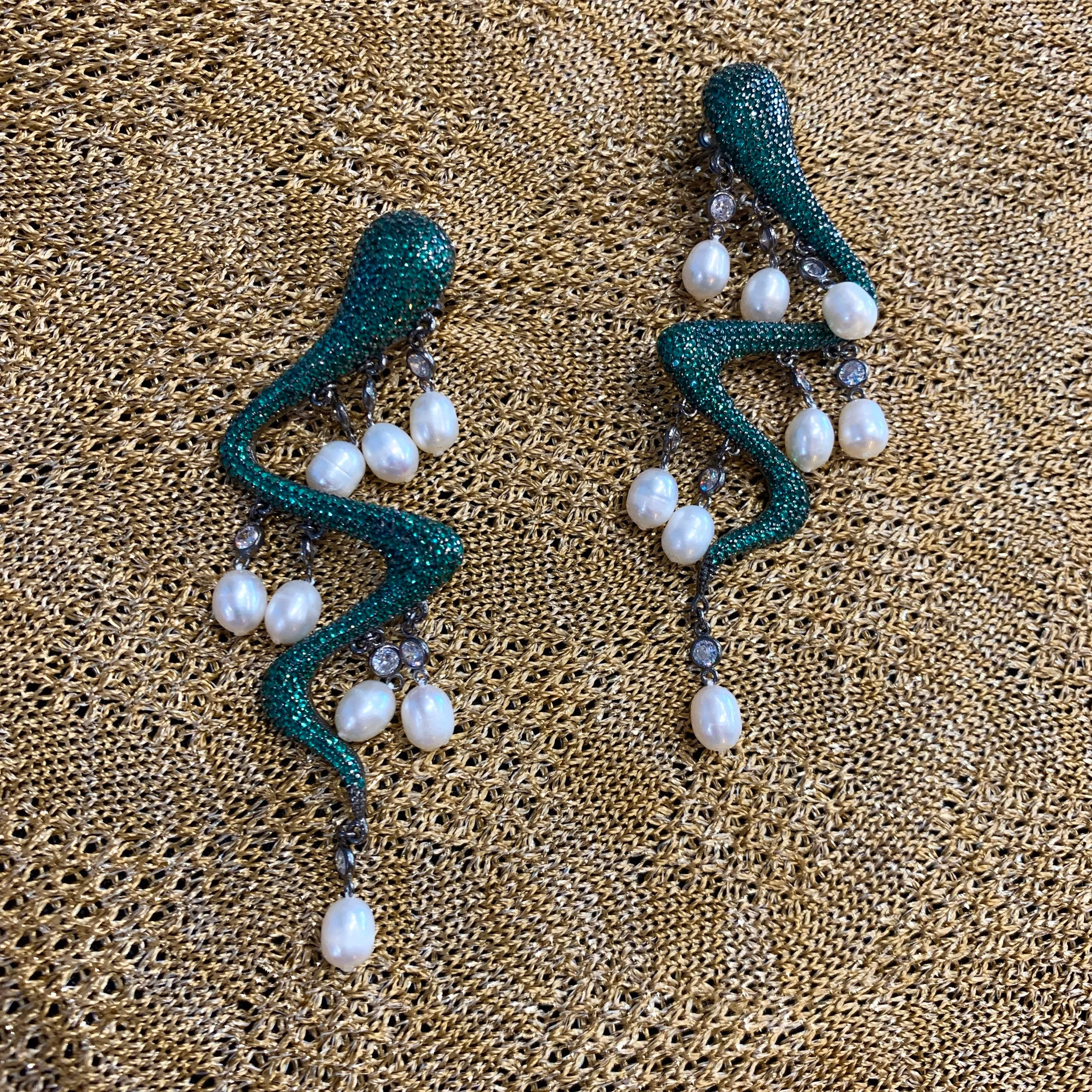 Snake Pearl Statement Earrings Emerald Green