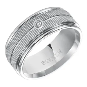 SOLOMON Flat White Tungsten Carbide Ring with Coin Edge Texture Center Bright Polished Rims and Single Diamond Setting by Triton Rings - 9mm