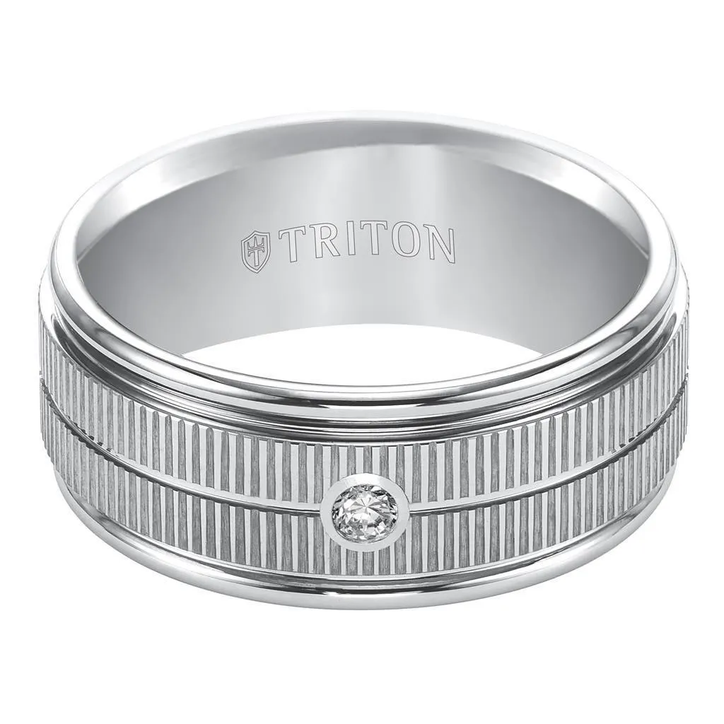 SOLOMON Flat White Tungsten Carbide Ring with Coin Edge Texture Center Bright Polished Rims and Single Diamond Setting by Triton Rings - 9mm