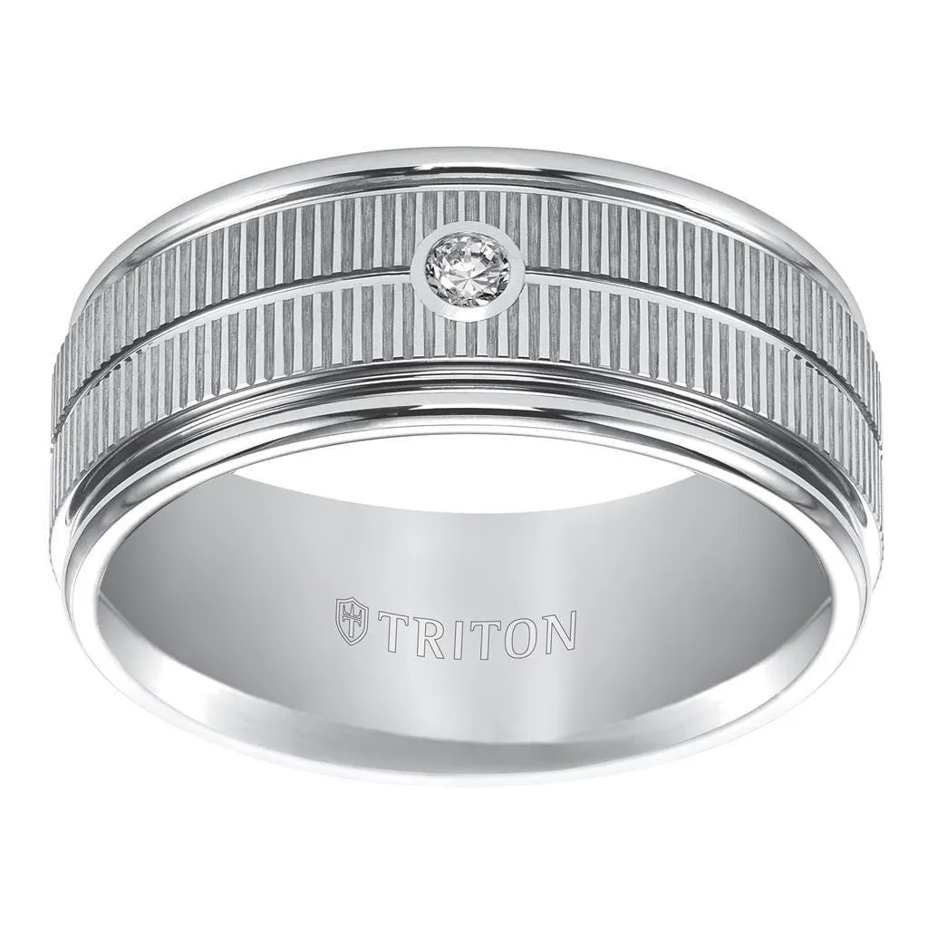 SOLOMON Flat White Tungsten Carbide Ring with Coin Edge Texture Center Bright Polished Rims and Single Diamond Setting by Triton Rings - 9mm