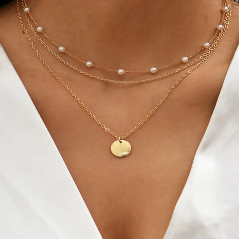 Stacked Star Pearl Clavicle Chain Simple