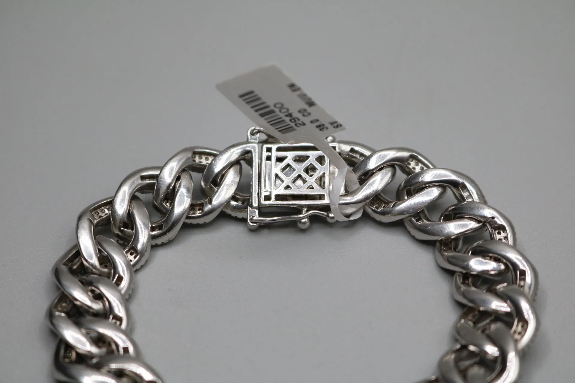 Sterling Silver Cuban Bracelet with Clear Stones (8.25 Inches)