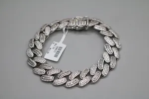 Sterling Silver Cuban Bracelet with Clear Stones (8.25 Inches)