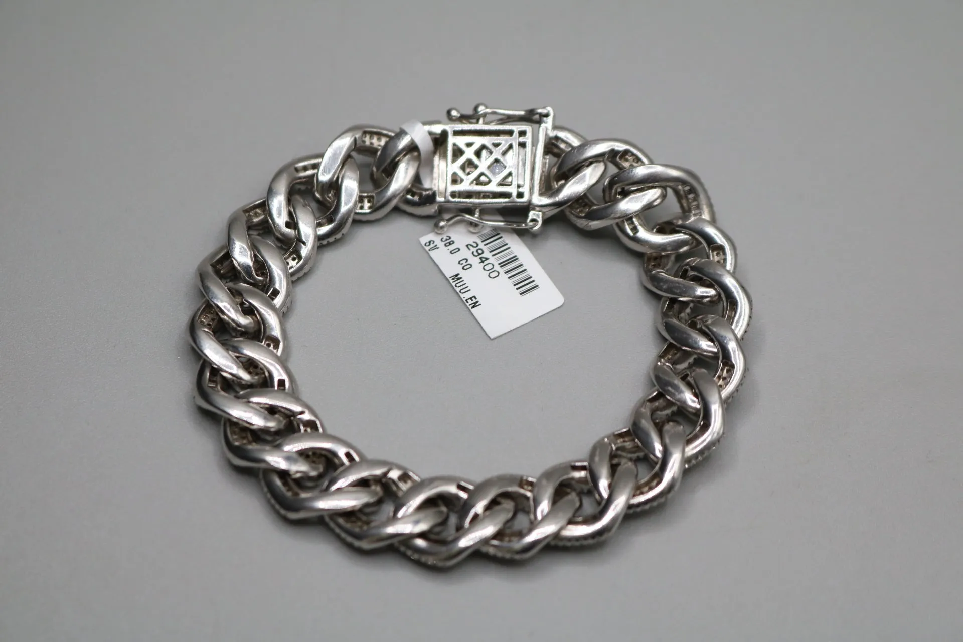 Sterling Silver Cuban Bracelet with Clear Stones (8.25 Inches)