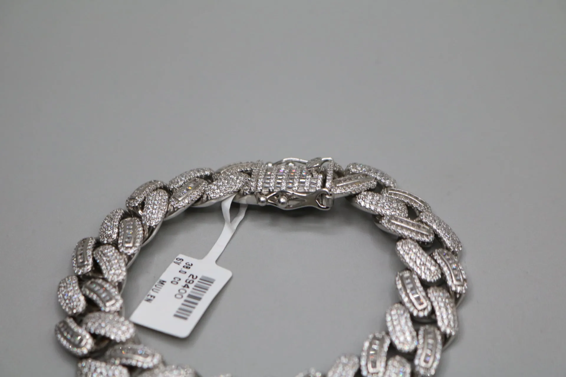 Sterling Silver Cuban Bracelet with Clear Stones (8.25 Inches)