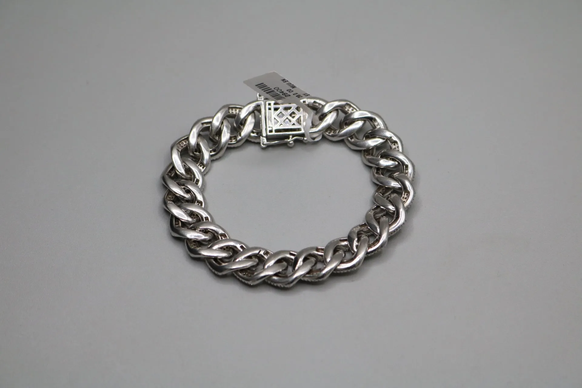 Sterling Silver Cuban Bracelet with Clear Stones (8.25 Inches)