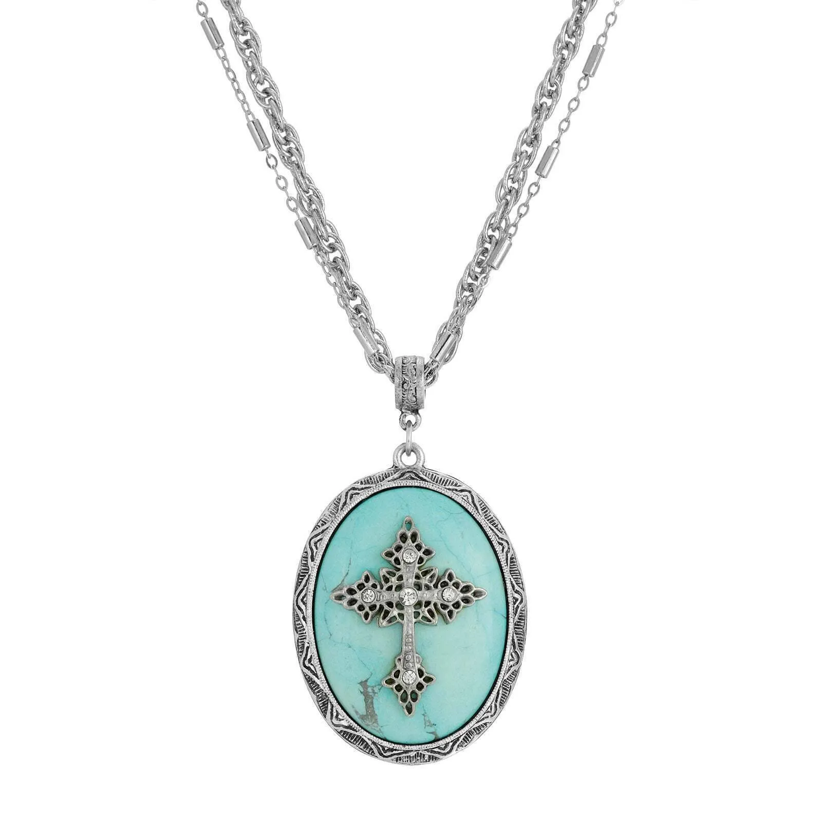 Symbols of Faith Multi Chain Oval Gemstone & Cross Pendant Necklace 18"   3" Extender