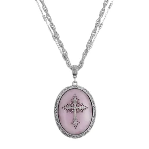 Symbols of Faith Multi Chain Oval Gemstone & Cross Pendant Necklace 18"   3" Extender