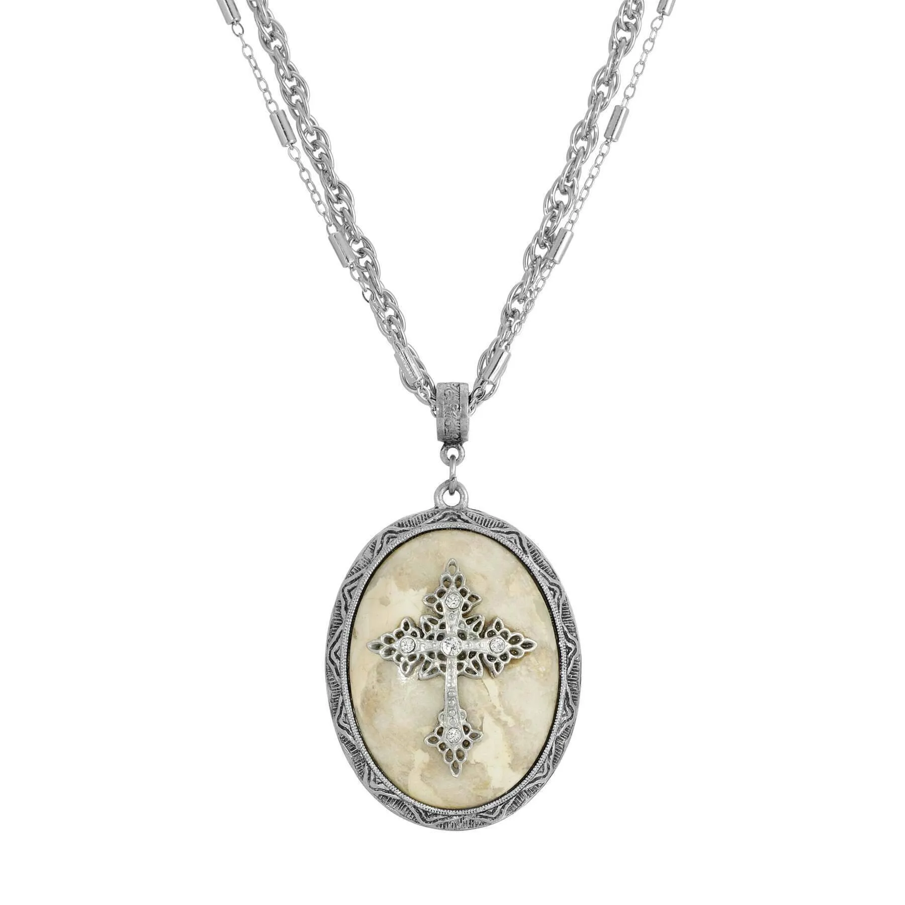 Symbols of Faith Multi Chain Oval Gemstone & Cross Pendant Necklace 18"   3" Extender