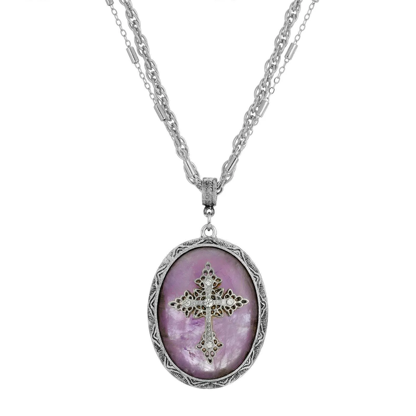 Symbols of Faith Multi Chain Oval Gemstone & Cross Pendant Necklace 18"   3" Extender