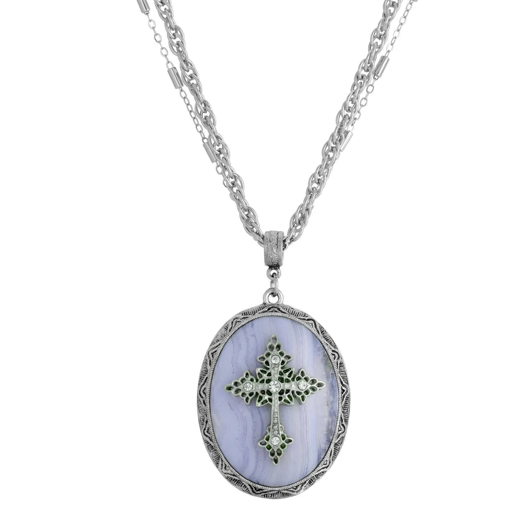 Symbols of Faith Multi Chain Oval Gemstone & Cross Pendant Necklace 18"   3" Extender