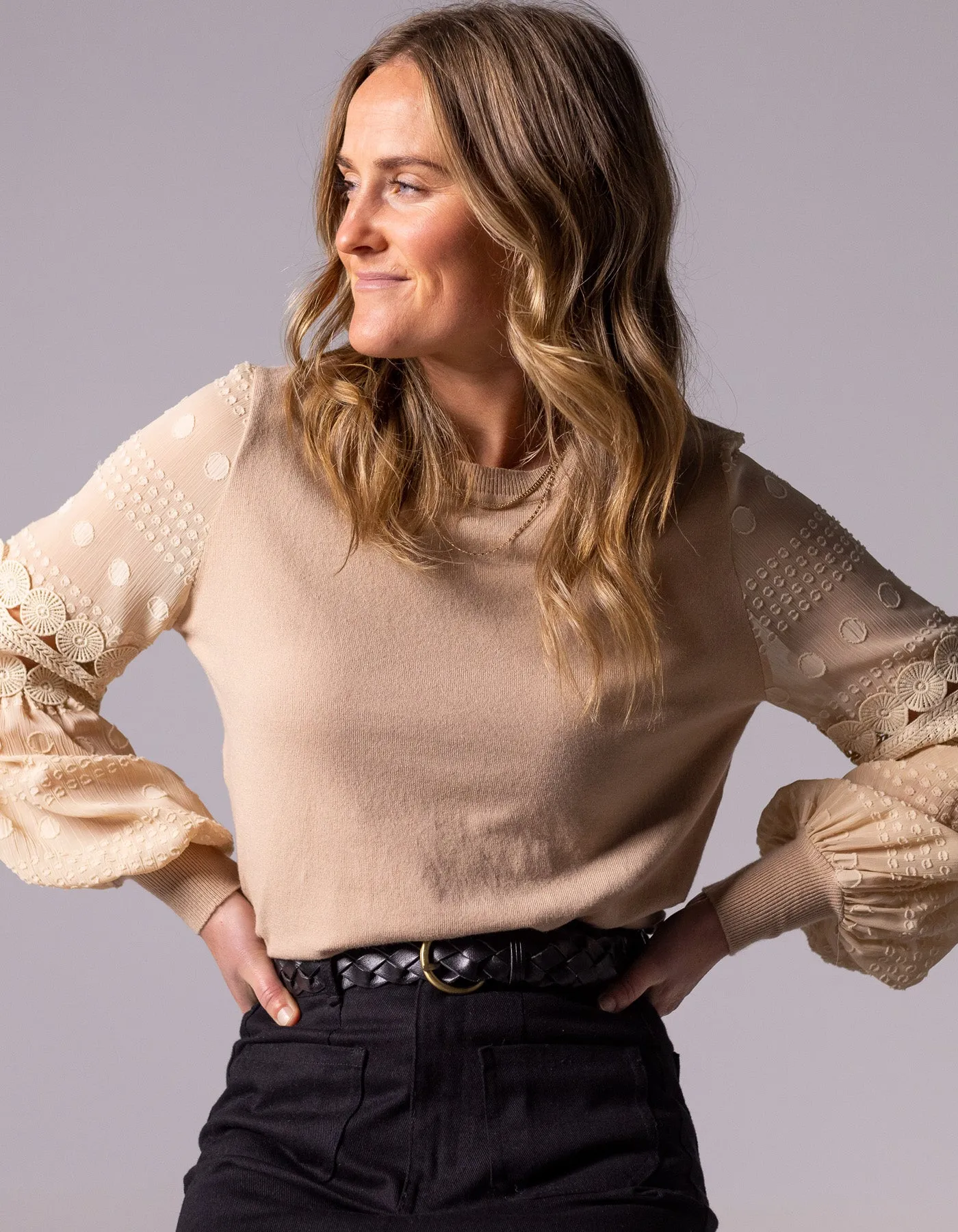 Teagan Long Sleeve Lace Sleeve Top in Latte