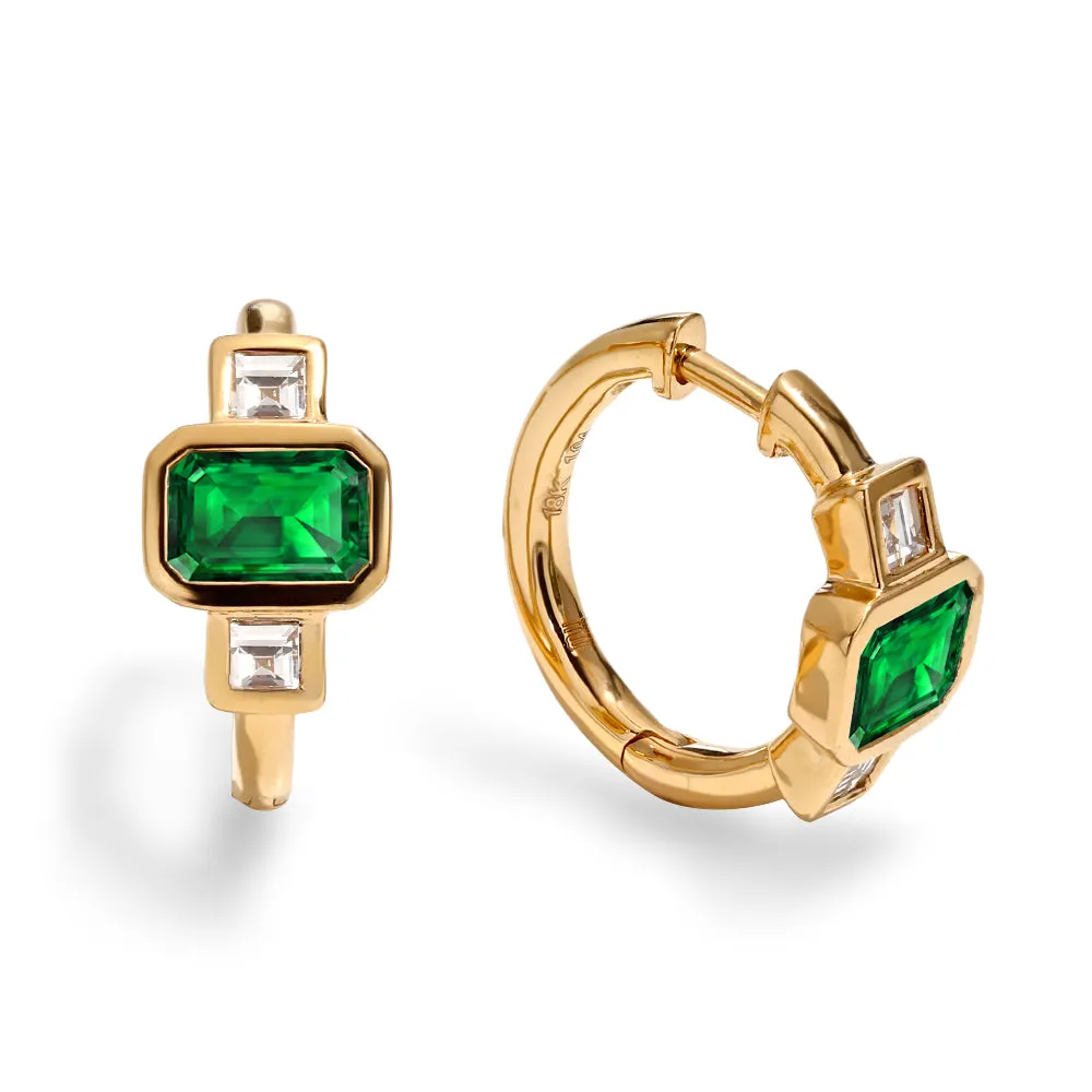 Three Stone Octagonal Emerald and Diamond Huggie Earrings