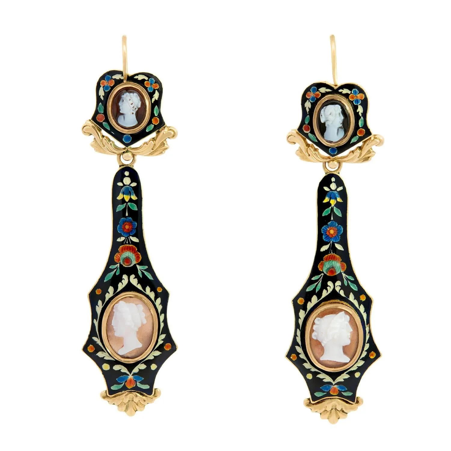 Victorian 18k Shell Cameo Swiss Enamel Day/Night Earrings