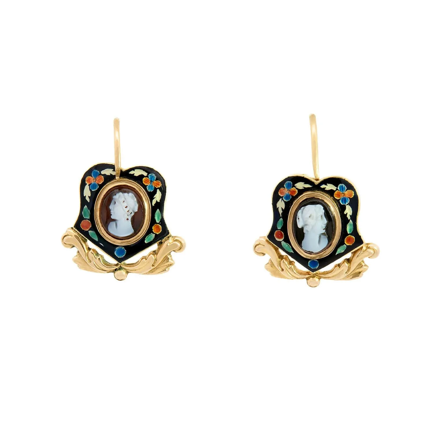 Victorian 18k Shell Cameo Swiss Enamel Day/Night Earrings