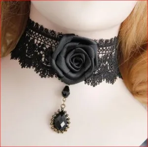 Victorian Lace Rose Choker - Black