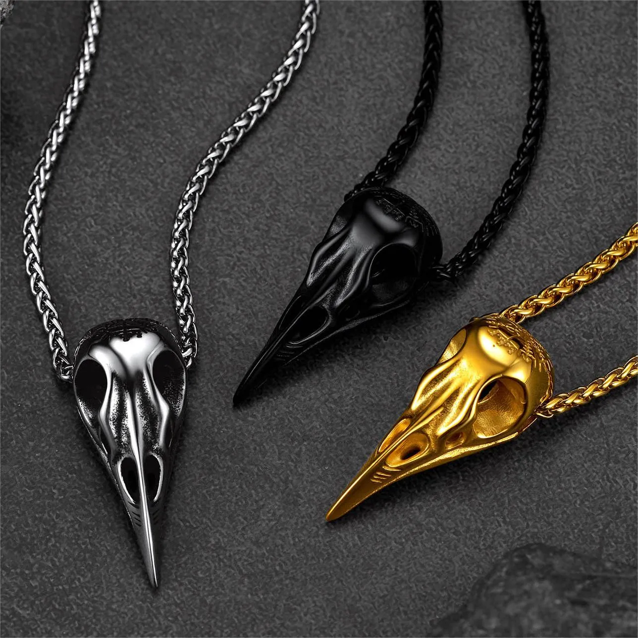 Viking Raven Skull Necklace With Compass for Men