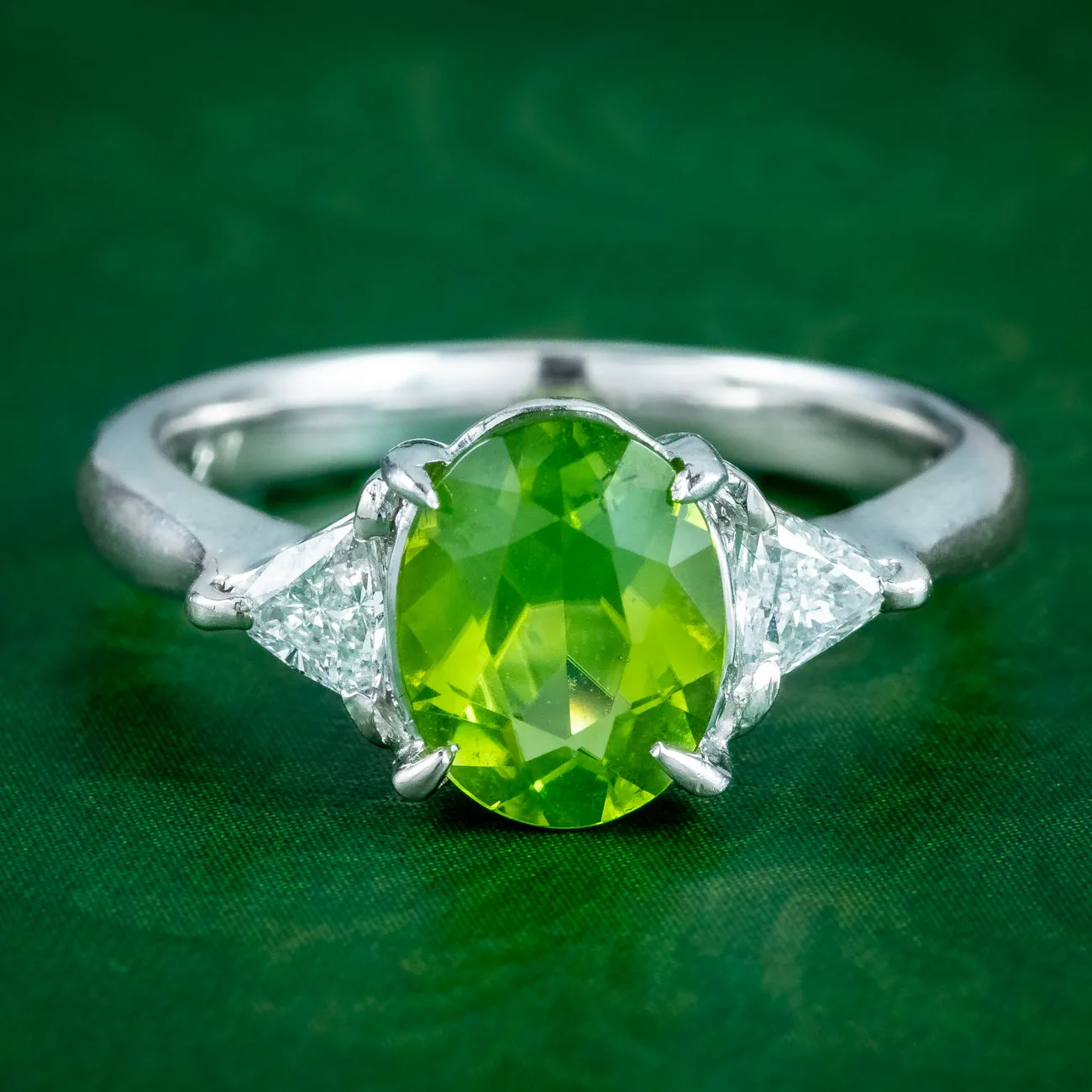 Vintage Peridot Diamond Trilogy Ring Platinum 1.74Ct Peridot Trillion Cut Diamonds