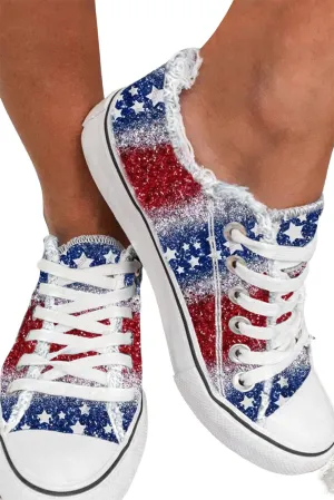 Women's Patriotic Camvas Shoes Distressed Hem Lace Up Sneakers